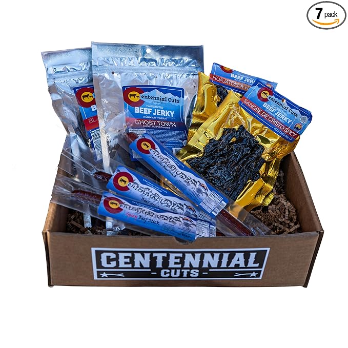 Centennial Cuts Hot &amp Spicy Beef Jerky &amp Beef Sticks Gift Box – Spicy Jerky Variety Pack 4 Jerky Bags + 3 Beef Sticks High Protein Snack
