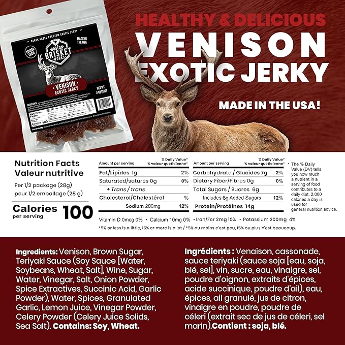 VENISON JERKY - Premium Deer Meat - Wild Game Snack - Gift for Hunters &amp Outdoorsman - Cool Meat Lover Present for Dad Brother