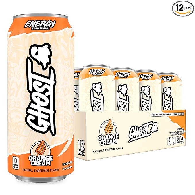 GHOST Energy Drink - 12-Pack Orange Cream 16oz Cans - Energy &amp Focus &amp No Artificial Colors - 200mg of Natural Caffeine L-Carnitine &amp Taurine - Gluten-Free &amp Vegan