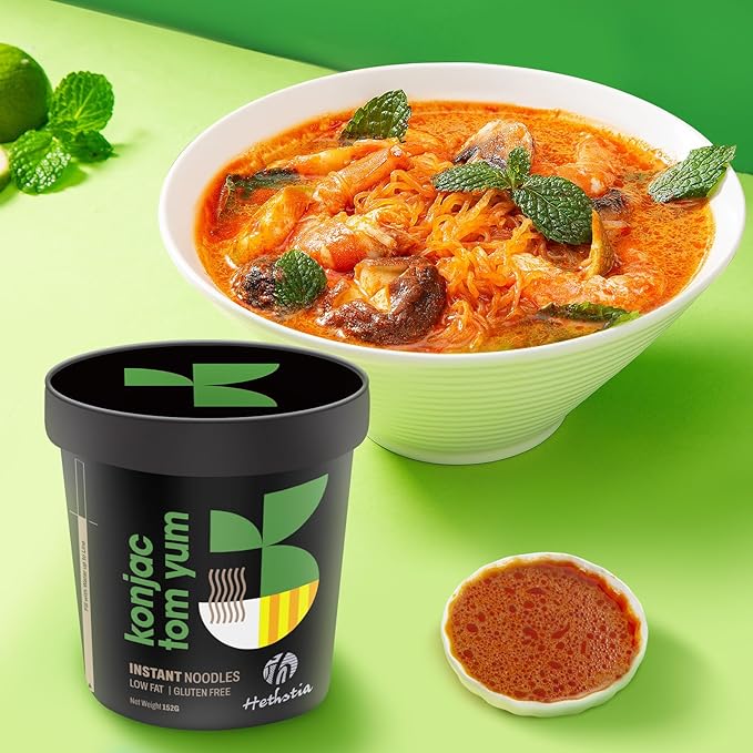 Hethstia Shirataki Noodle Tom Yum Soup Cups- 6-Pack Konjac Angel Hair Pasta Low Carb Ready-to-Eat Tom Yum Noodle Broth Low GI Healthy Asian Ramen Keto-Friendly Holiday Food Gift