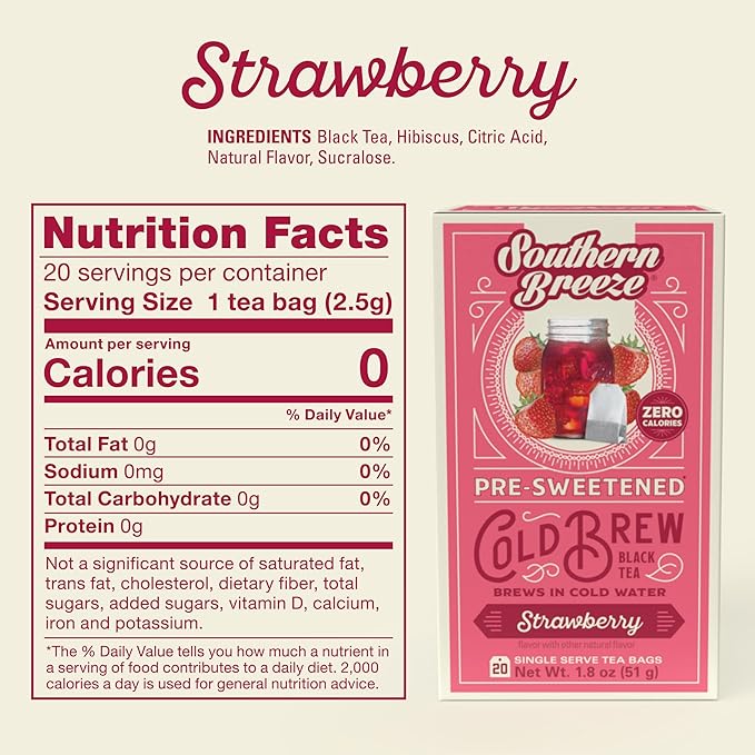 Southern Breeze Cold Brew Sweet Tea Strawberry Iced Tea with Black Tea and Zero Carbs Zero Sugar 20 Individually Wrapped Tea Bags Pack of 4