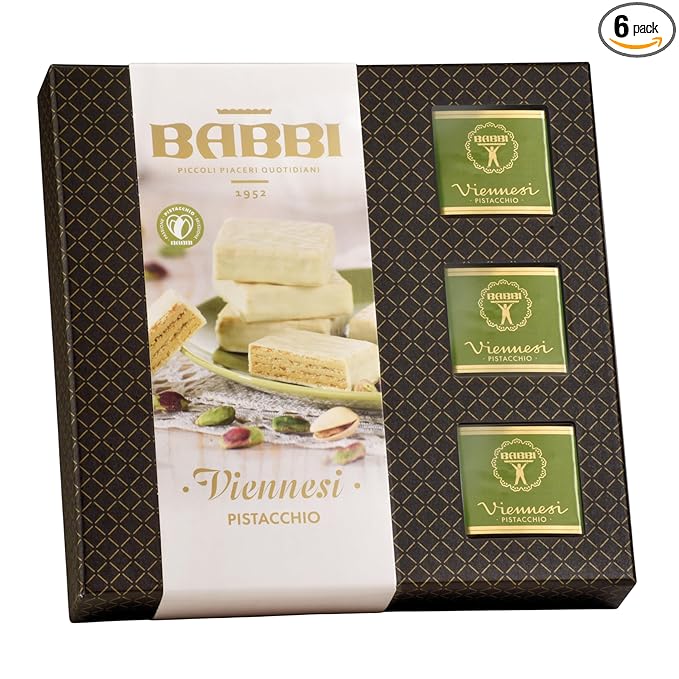 Babbi Viennesi Pistachio Flavor 9 Pieces Italian Cream-Filled Wafer Cookies Thin Vanilla Wafers Covered in Chocolate Perfect for Gift Giving