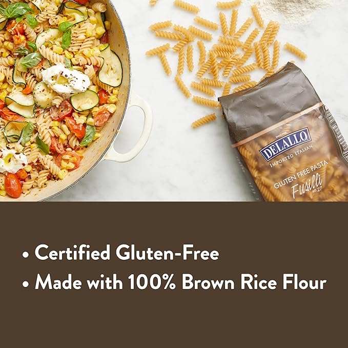 DeLallo Gluten Free Fusilli Brown Rice Pasta Non-GMO All Natural Made in Italy Kosher Tree Nut Free 12 Ounce Bag (4 Pack)