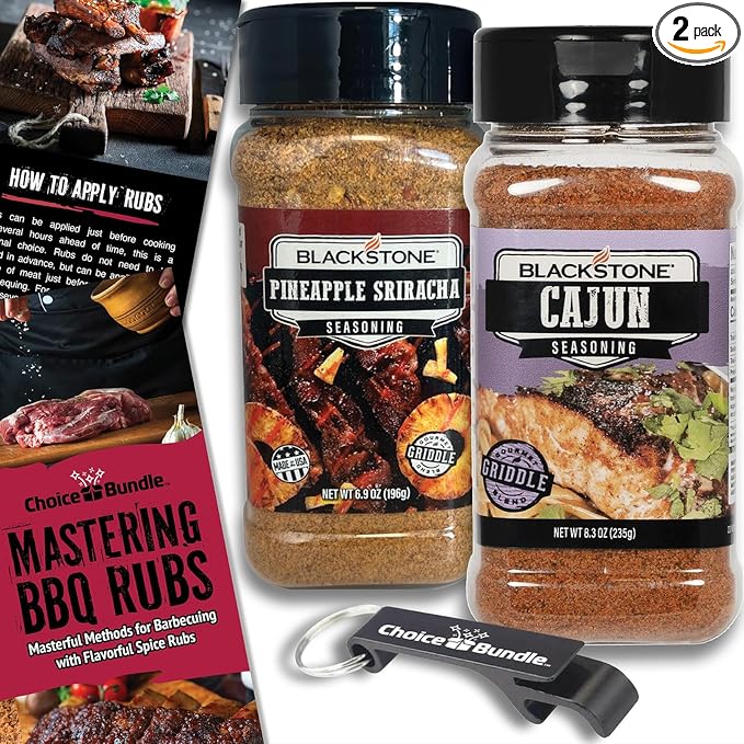 Blackstone Pineapple Sriracha &amp Cajun Seasoning – Gourmet Griddle Premium BBQ Barbecue Rub 2 Pk Choice Bundle (15.2 oz) + BBQ Guide &amp Bottle Opener (4 Items)!