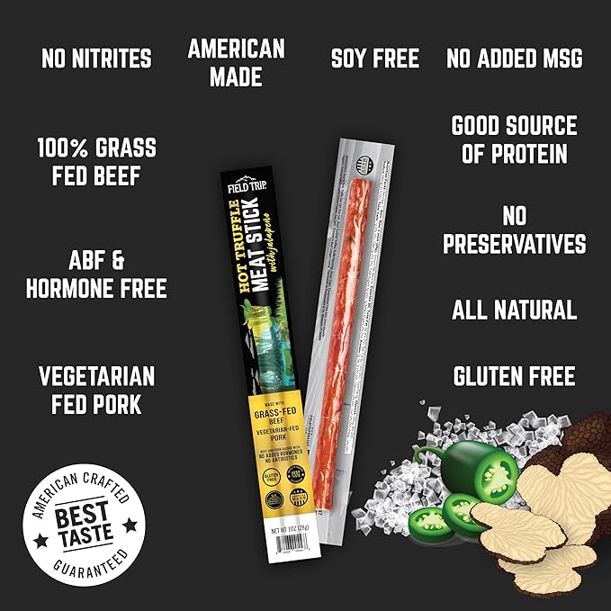 Field Trip Grass Fed Hot Truffle Jerky Snack Sticks Keto Paleo Gluten Free Allergy Friendly Snack High Protein 90 Calorie Snack 1oz 24 Pack