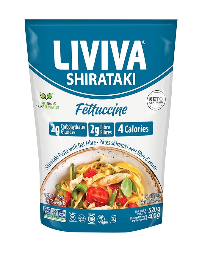 LIVIVA Shirataki Konjac Fettuccine Noodle 6 Pk (110 oz) – Diabetic-Friendly Low Carb Low Calorie Pasta Noodles Ready to Serve – No Odor Certified Non-GMO Gluten Free Vegan Plant-Based Keto Kosh