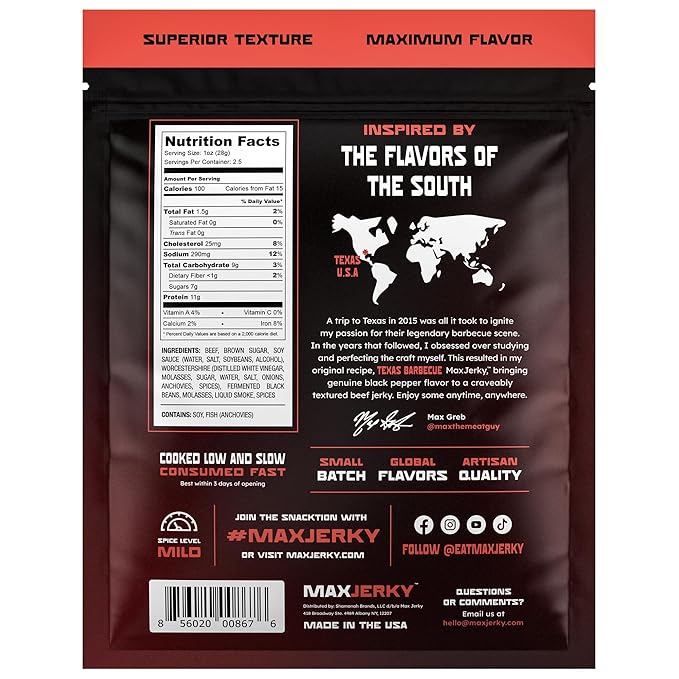 MaxJerky Texas Barbecue Beef Jerky Smoked Pepper Flavored Jerky 27.5 Grams of Protein 2.5 OZ (4 Pack)