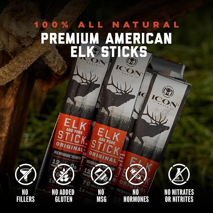 ICON Meats Elk and Pork Snack Sticks Original 24 Pack of High Protein Snacks Sugar Free Natural Jerky Meat Sticks Gluten Free USDA Inspected Made in the USA Gifts for Him