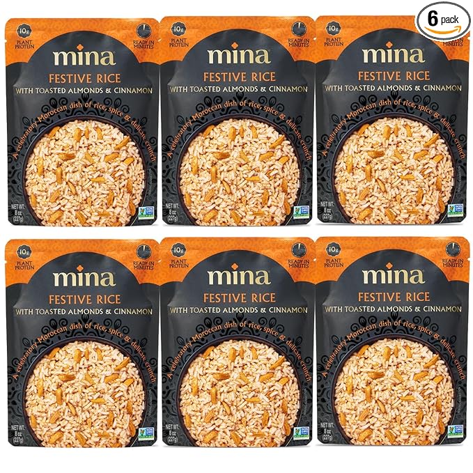 Mina Festive Rice With Toasted Almonds &amp Cinnamon Ready to Eat Rice Pilaf Side Dishes Microwave Rice Vegan Protein Non-GMO Gluten-Free Kosher 8 oz (Pack of 6)