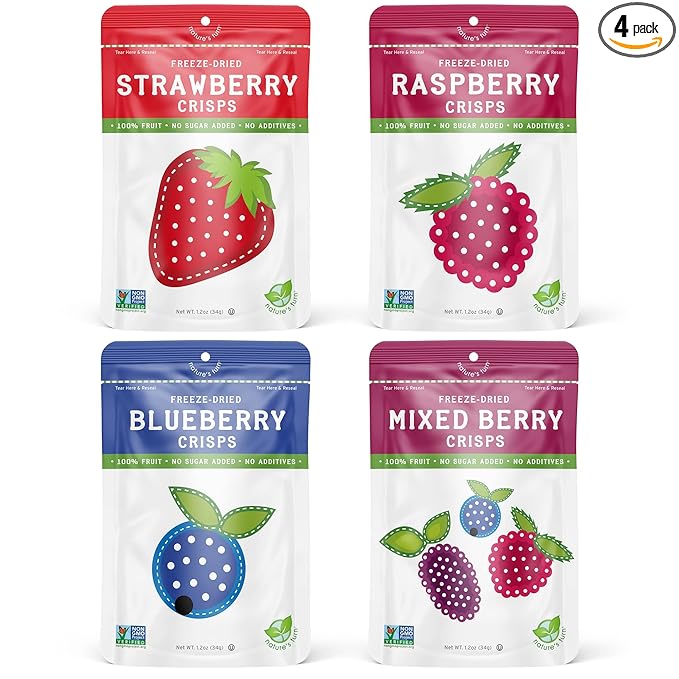 Nature’s Turn Freeze-Dried Fruit Crisps –Healthy Gluten-FreeCrispy &amp Delicious Plant-Based SnackIdeal for Cereal Smoothies School Lunches &amp On-the-Go Very Berry Variety Bags of 4 (1.2