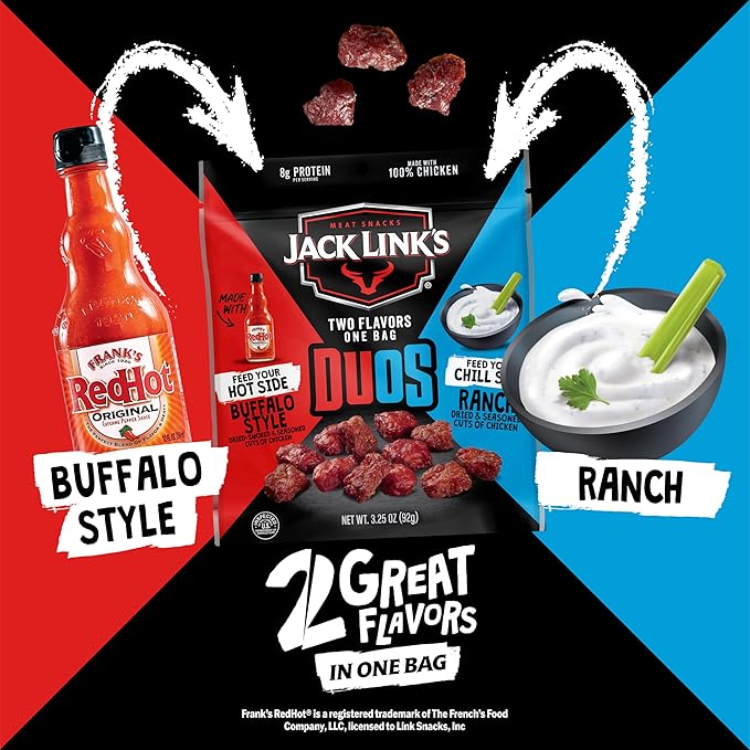 Jack Link's DUOs Frank's RedHot Buffalo Style With Creamy Ranch Flavor Chicken Bites Under 100 Calories Snacks 8g of Protein Feed Your Beast Side With Individual Meat Snack Bags – 2.85oz (8 Count)