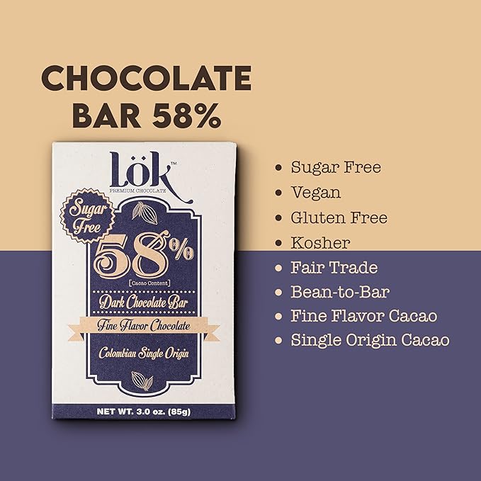 Lok Dark Chocolate Bar 58% Cacao | Sugar-Free Fair Trade Kosher Gluten Free Vegan Bean-to-Bar Lök | 3.0 Ounce 6 Pack
