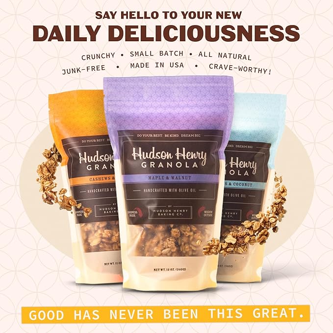 Hudson Henry Granola Trio Pack for Yogurt Snacking &amp Cereal | Maple Pecan Cashew Coconut &amp Maple Walnut Granola | Gluten Free Non-GMO Small Batch Baked | 3 Pack (12 oz Bags)