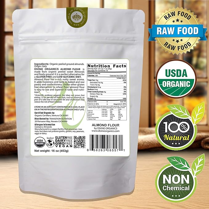 16 oz Organic Almond Flour Powdered Gluten Free Low Glycemic Non-GMO by Divine Organics