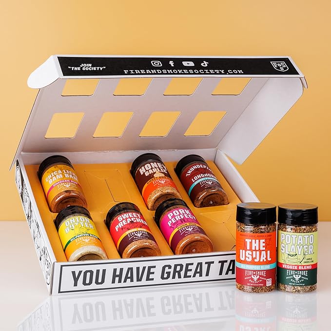 Fire &amp Smoke Society Essential Grill Variety Pack | BBQ Rubs and Seasonings Father's Day Gifts for Dad Mens Gifts | Steak Seasoning Chicken Burgers Pulled Pork | Large Spices Set (8-Pack)