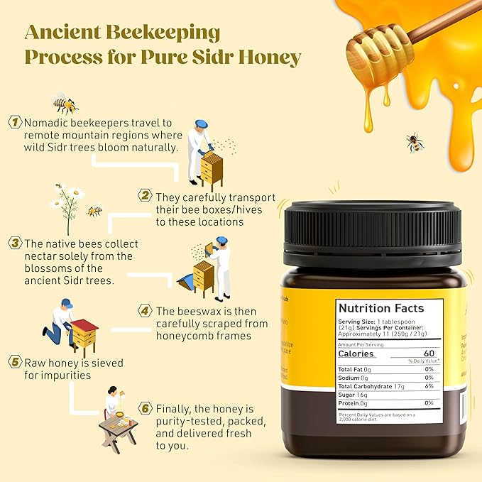 Arwa Foods Yemeni Sidr Honey (Jujube) from Wadi of Doan Yemen – Pure Premium Malaki Raw &amp Unprocessed Honey - Healthy &amp Rich in Nutrients – 8.82 oz / 250g Package