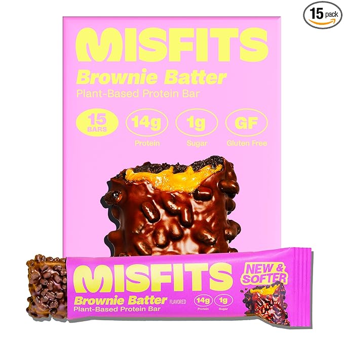 Misfits Vegan Protein Bars Brownie Batter - Updated Recipe | Plant Based Low Sugar &amp Carb High Fiber Snacks | Pack of 15