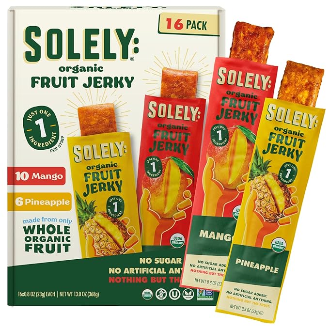 SOLELY - Organic Mango &amp Organic Pineapple Fruit Jerky (10 Mango 6 Pineapple) - Real Fresh Fruit Strips - Healthy Snacks for Adults &amp Kids - Non GMO Vegan Snacks Shelf Stable - 12 Strips (0