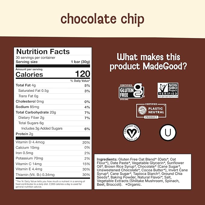 MadeGood Mornings Soft Baked Breakfast Bars Chocolate Chip 1.06 Oz (30 Count) Gluten Free Snacks