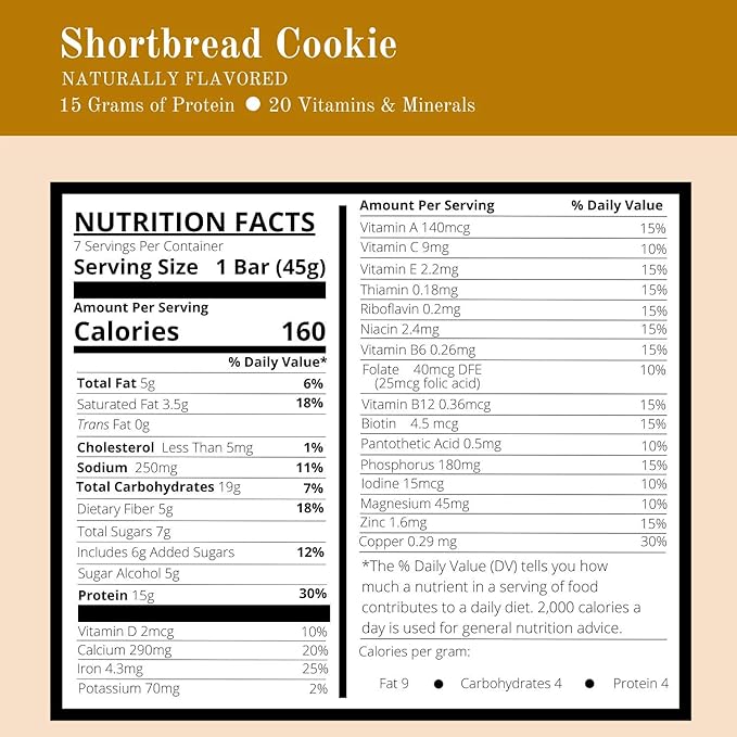 Nutmeg State Nutrition - High Protein Snack Bars 15g Protein 160 Calories Low Sodium 19g Carbs 5g Fiber 7 Servings Per Box (Shortbread Cookie)