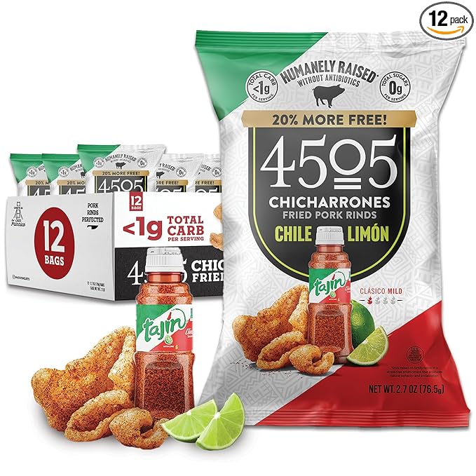 4505 Tajin Seasoned Chicharrones Fried Pork Rinds - Chile Limon Mild Flavored Pork Skins - Low Carb Gluten-Free Protein Snack - 2.7oz (Pack of 12)