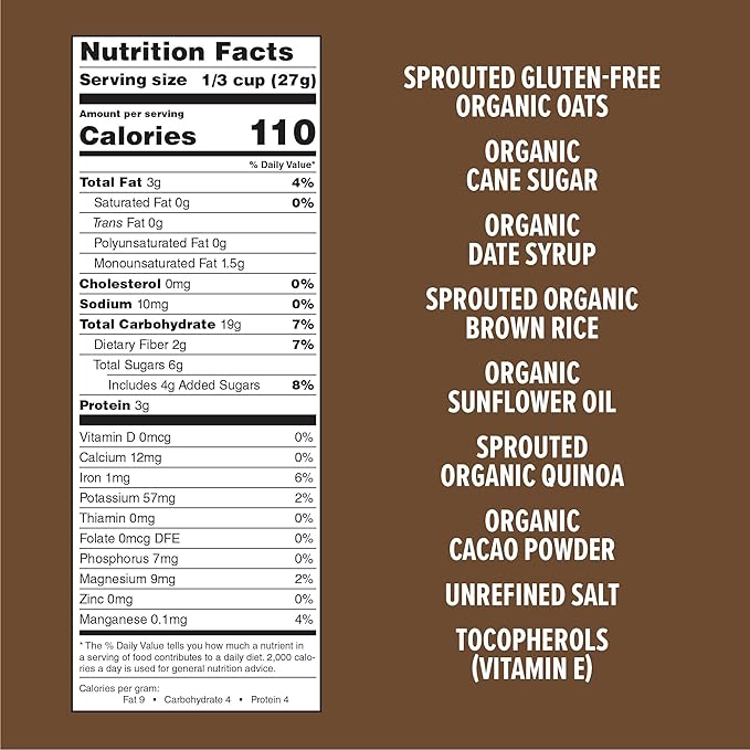 One Degree Organic Foods Sprouted Oat Quinoa Cacao Gluten Free Granola - USDA Organic Vegan (11 oz. - 6 pack)