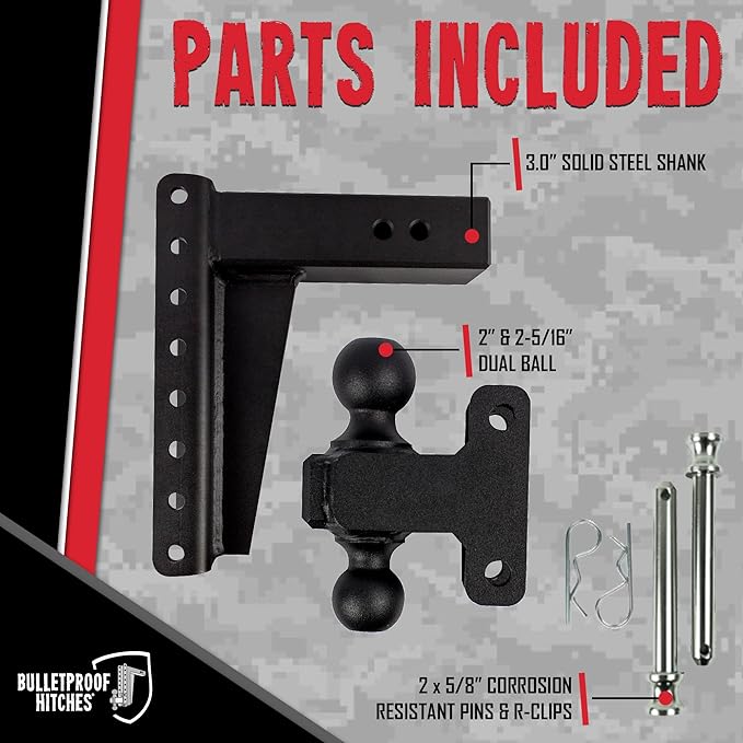 BulletProof Hitches - 3.0 Adjustable Heavy Duty Trailer Hitch (22000 lb. Rating) - 10 Drop/Rise Trailer Hitch with 2 &amp 2-5/16 Dual Ball - Powder Coat Solid Steel Corrosion-Resistant