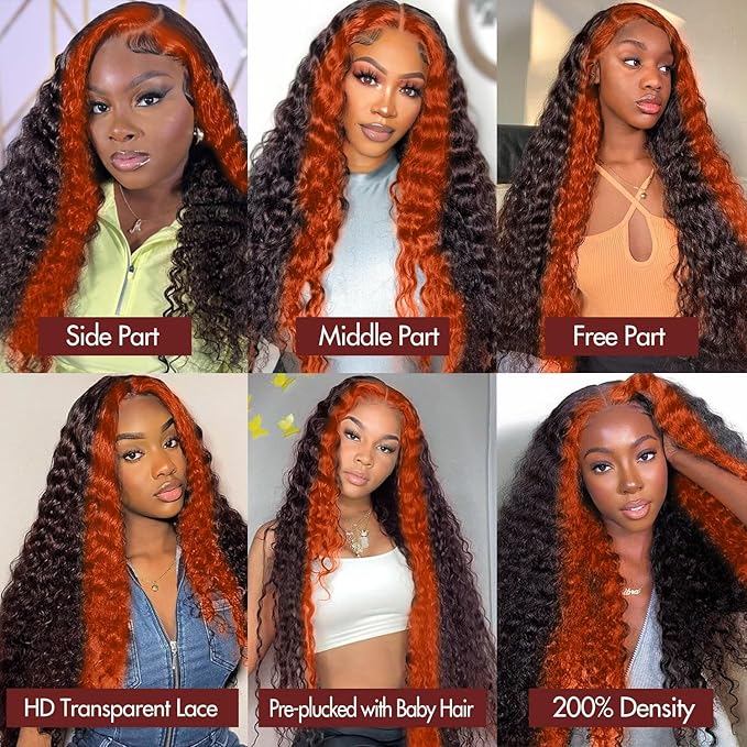 250 density Ginger Deep Wave Lace Front Wigs Human Hair Pre Plucked Hairline Glueless Wigs for Women 13x6 HD Lace Front Wigs Ginger Orange Curly Human Hair Wig Brazilian Hair 30 Inch