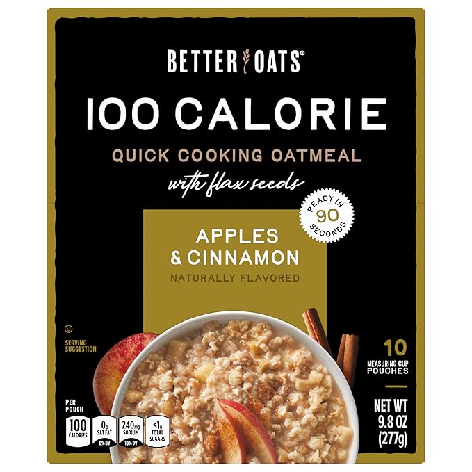 Better Oats 100 Calorie Apples and Cinnamon Oatmeal Packets Instant Breakfast with Flax Seeds and Natural Apple-Cinnamon Flavor Quick Cooking Box of 10 Pouches (Pack of 6)