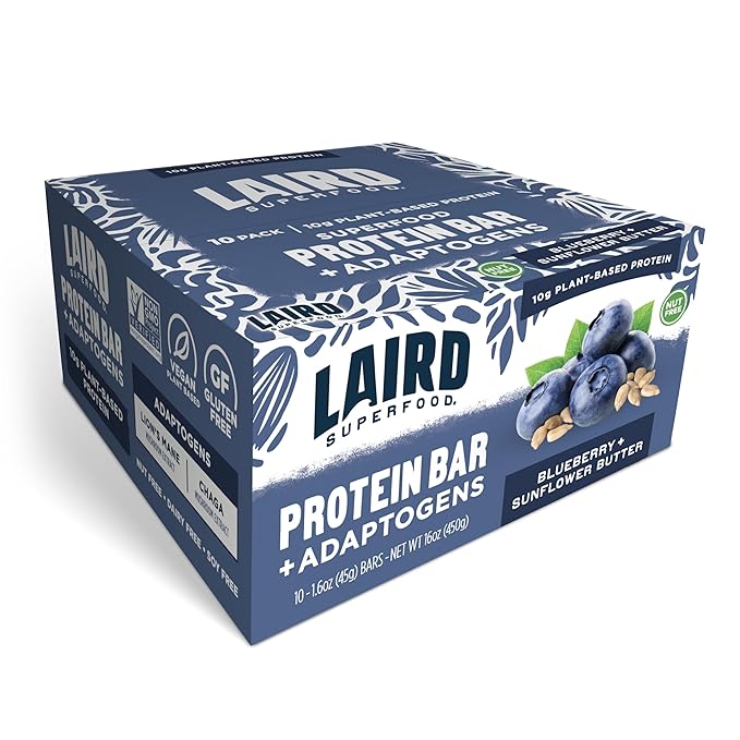 Laird Superfood Functional Protein Bars Protein Bar but Better with Real Ingredients Functional Mushrooms 10g Plant-Based Protein 6g Fiber Blueberry Sunflower Butter 10 Count (Pack of 1)