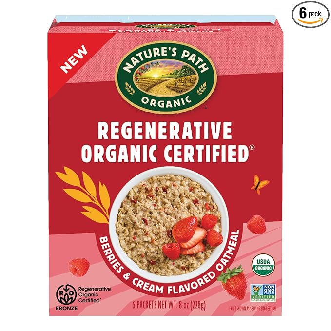 Nature's Path Organic Regenerative Organic Certified Berries &amp Cream Instant Oatmeal 8 oz (Pack of 6) Non-GMO