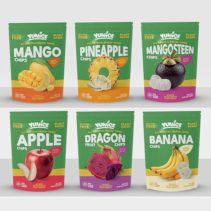 Yunice Freeze-Dried Fruit 100% Natural Gluten Free No Added Sugar healthy snacks for adults BANANA MANGO PINEAPPLE MANGOSTEEN APPLE &amp DRAGON FRUIT Variety Pack 0.53 Ounce (Pack of 12)
