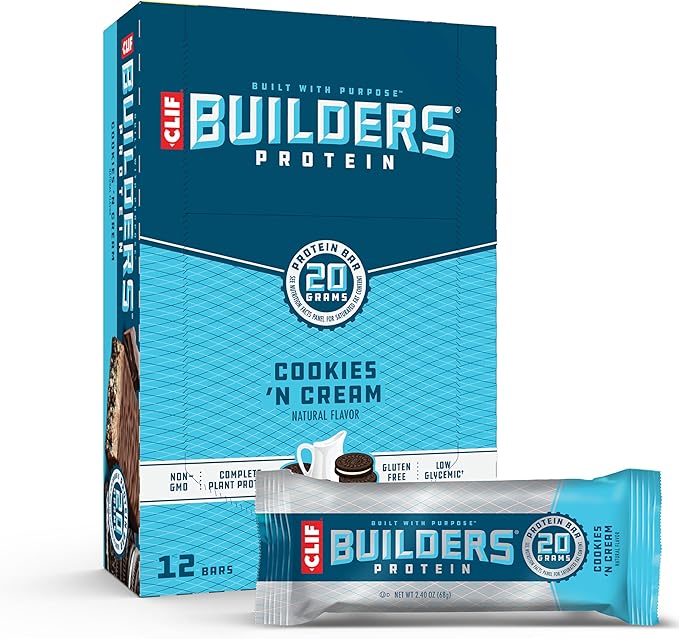 CLIF Builders Chocolate Peanut Butter &amp Cookies 'n Cream Protein Bars Bundle - Gluten-Free Non-GMO 20g Protein 2.4 oz. (12 Count) Bars
