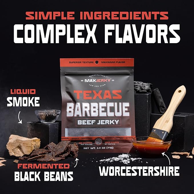 MaxJerky Texas Barbecue Beef Jerky Smoked Pepper Flavored Jerky 27.5 Grams of Protein 2.5 OZ (4 Pack)