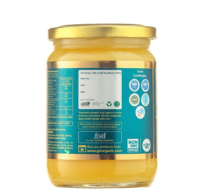 GirOrganic Grass Fed A2 Ghee | Clarified Butter (16 Oz) - Unsalted Gir Cow Ghee Butter - Organic Ghee Oil - Pasture Raised Lactose-Free 16 Oz