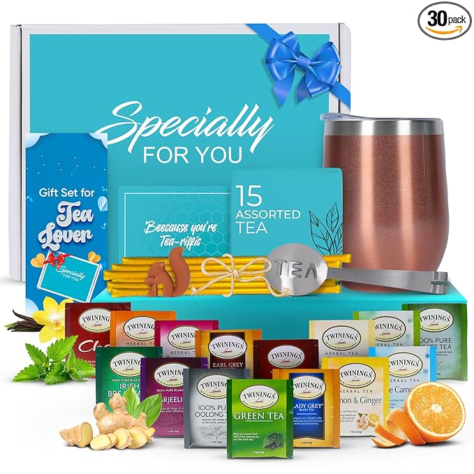 Modern Elegance Tea Tumbler Gift Set – Includes Tea Bag Holder Spoon Honey Straw 15 Assorted Flavor Blends &amp Hot &amp Cold 12oz Insulated Tumbler – Ideal for Holiday Gift for Tea Lovers – Rose