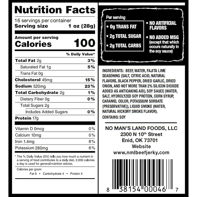 No Mans Land Beef Jerky - Fajita Lime 16oz Bag | High Protein Low Card Low Calorie Beef Snack | Smoked &amp Seasoned Jerky Strips | Gluten Free