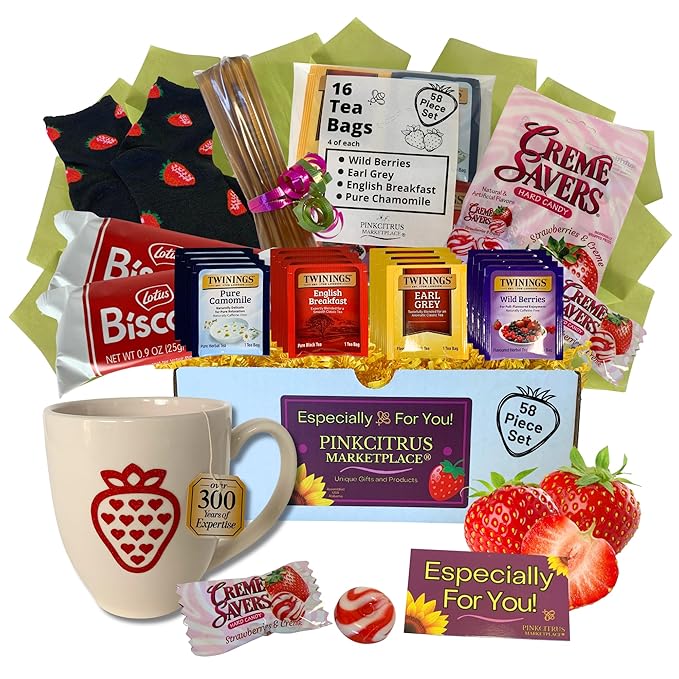 Tea Cookie and Honey Gift Set Sampler Basket with Candy Care Package Get Well Soon for Women Mom Best Friend Birthday Ideas After Surgery Thinking Of You Strawberry Themed Box