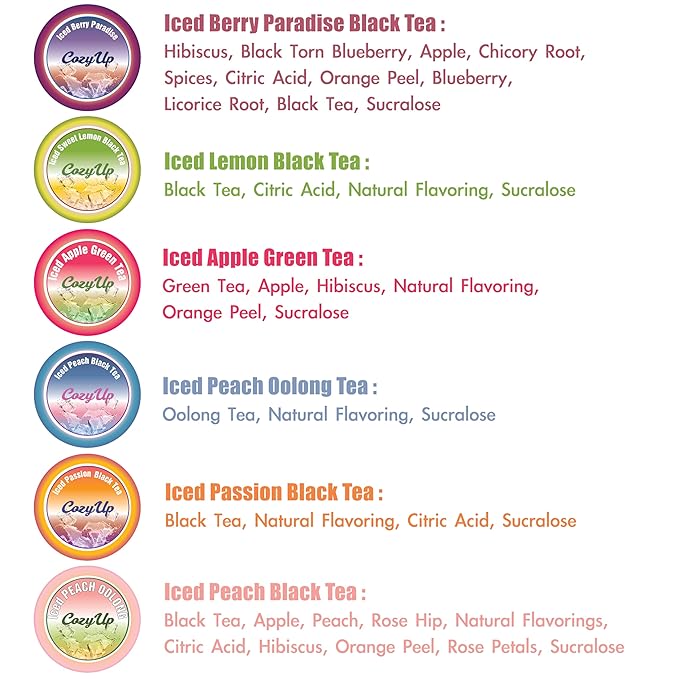 Cozy Up Iced Sweet Fruit Tea Variety Pack 36 Count - Compatible with Keurig Brewers Includes Berry Paradise Peach Passion Lemon Peach Oolong &amp Apple Green Tea - Single Serve Pods for Brew Ov