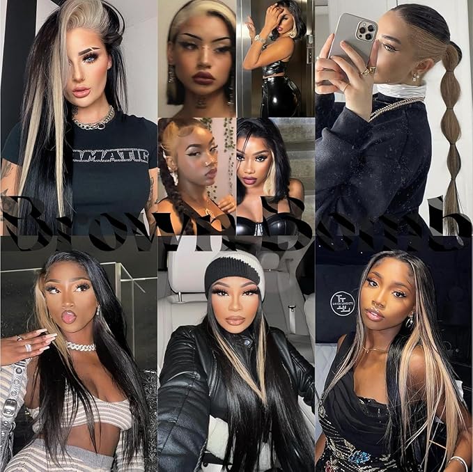 Highlight Blonde Wig 13x6 Lace Frontal Stripe Wig Natural Black with 27 Honey Blonde Color Highlight Straight Hair Lace Front Wigs 28 Inch
