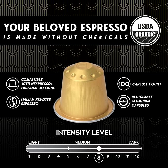 ESPRESSORO 20 USDA Organic Espresso Pods - DOLCE Aluminum Capsule Compatible with Nespresso Original Lines Machines. Intensity 8 Premium Italian Expresso Coffee Capsules
