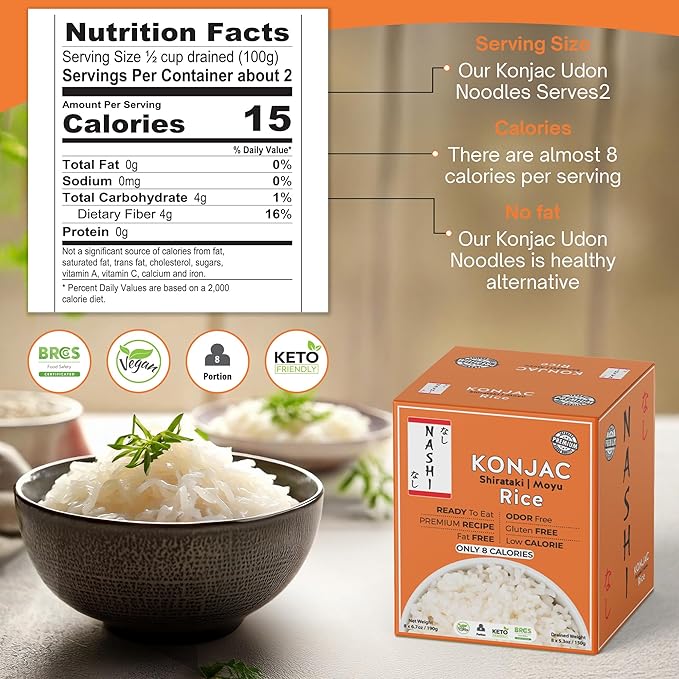 Nashi Shirataki Konjac Moyu Rice - Low Fat Glucomannan Premium Recipe Keto friendly Suitable for Vegan Odour Free low calorie food | Ready to Eat (8×190g)