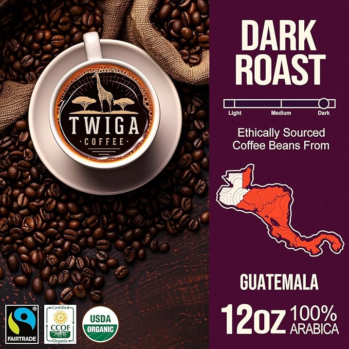 Twiga Coffee Guatemalan Coffee Beans – Premium Dark Roast Arabica Guatemala Whole Beans with Rich Chocolate Nutty &amp Orange Notes – Single Origin Whole Bean Coffee – 12 oz