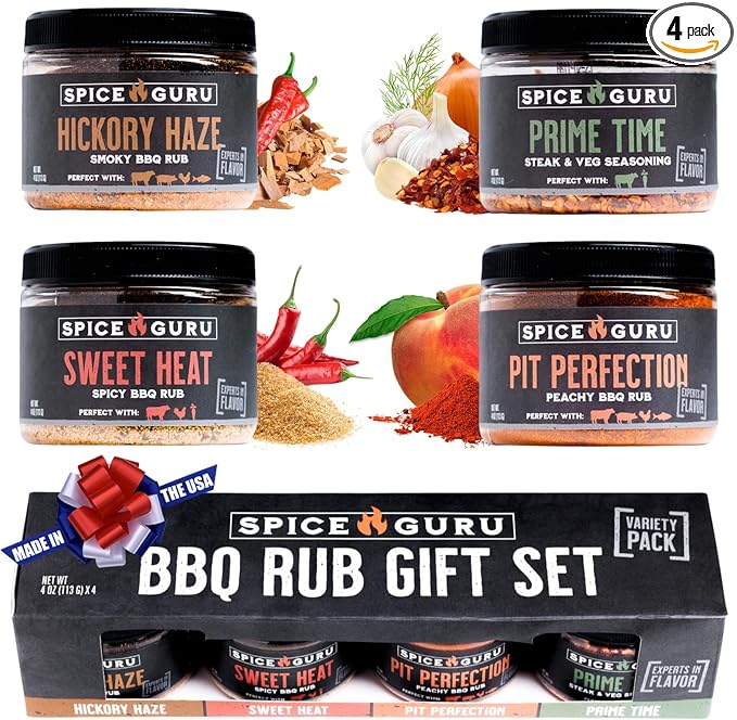 Spice Guru BBQ Rub Gift Set – 4 Flavor Barbecue Seasoning Sampler – Mens Christmas Gifts for Dad Husband or Brother – Premium Grilling Spices &amp Holiday Gift Set for Grill Lovers - Grill Accessori