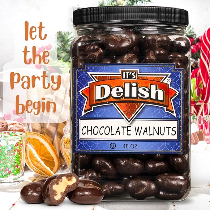 Dark Chocolate Covered Walnuts by It's Delish 48 OZ Jumbo Container | Chocolate Walnut Candy Nuts Bulk Walnuts Chocolates Sweet &amp Crunchy Nut Snack | Vegan Kosher
