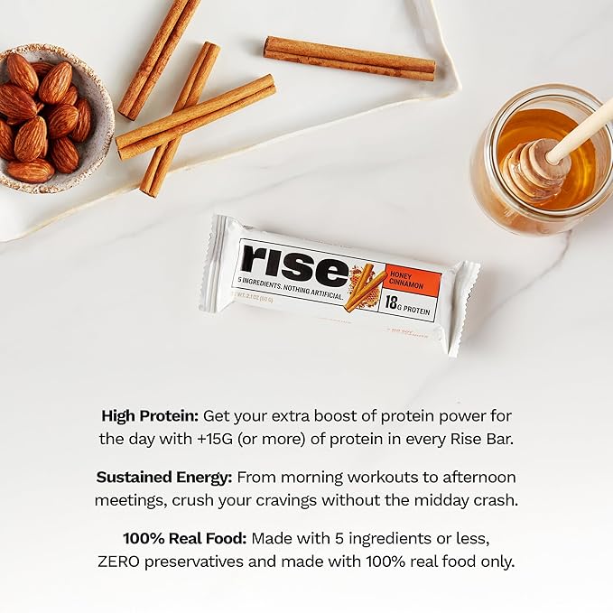 Rise Whey Protein Bars - Honey Cinnamon | Breakfast Bar &amp Protein Snack 18g Protein 4g Fiber Just 5 Whole Food Ingredients Gluten-Free Soy Free