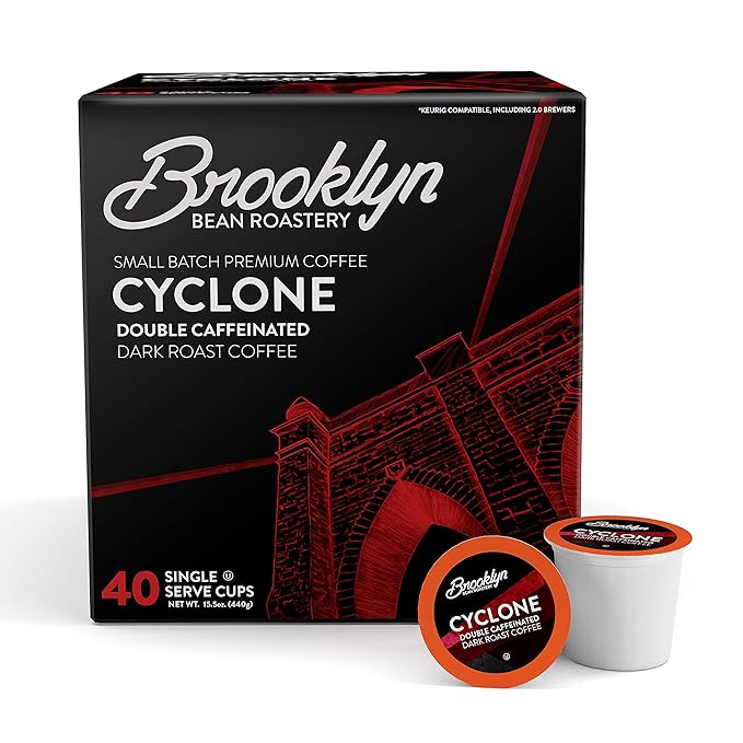 Brooklyn Beans Cyclone Gourmet Coffee Pods - Compatible with Keurig K Cup Brewers Including 2.0 Machines 40 Count Strong and Intense Double Caffeine