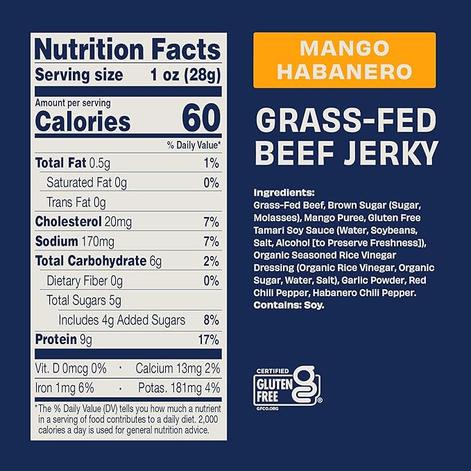 Country Archer Grass-Fed Beef Jerky - Beef Snack Pack Individual Bulk Protein Snack Pack Natural Ingredients Gluten Free Paleo - Mango Habanero 16 Oz