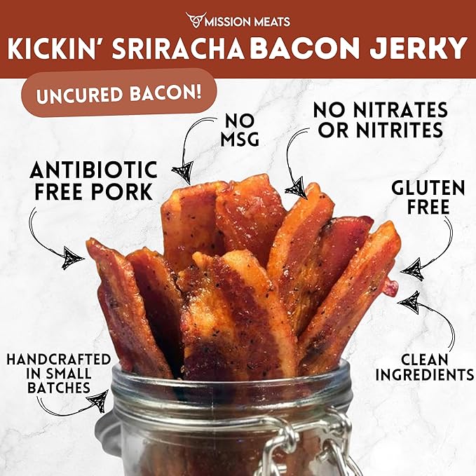 Mission Meats Candied Bacon Jerky (Sriracha) – The Perfect Delicious Savory &amp Sweet Snack Bloody Mary Bar Supplies Gift – Uncured Small Batch Gluten Free 2oz (Pack of 6)
