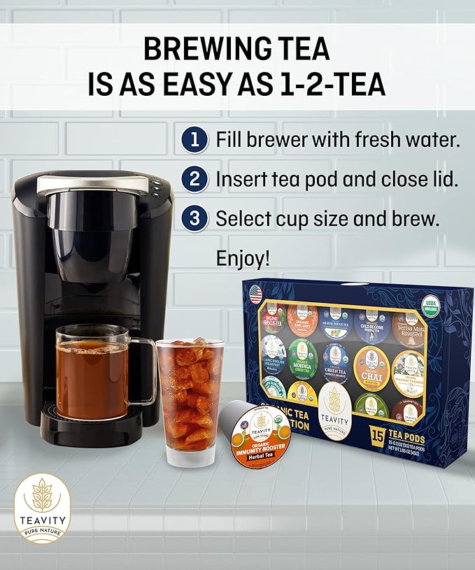 Organic Tea Pods Variety Pack - Assorted Sampler Pack Compatible for Keurig Brewer and Coffee Maker - Earl Grey English Breakfast Chai Chamomile - Herbal Tea Pod for K Cup Keurig Brewing -15 count